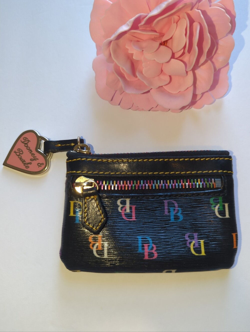 Dooney & Bourke Y2K Black Multicolor Rainbow Zip Coin Pouch Heart Charm Rare!